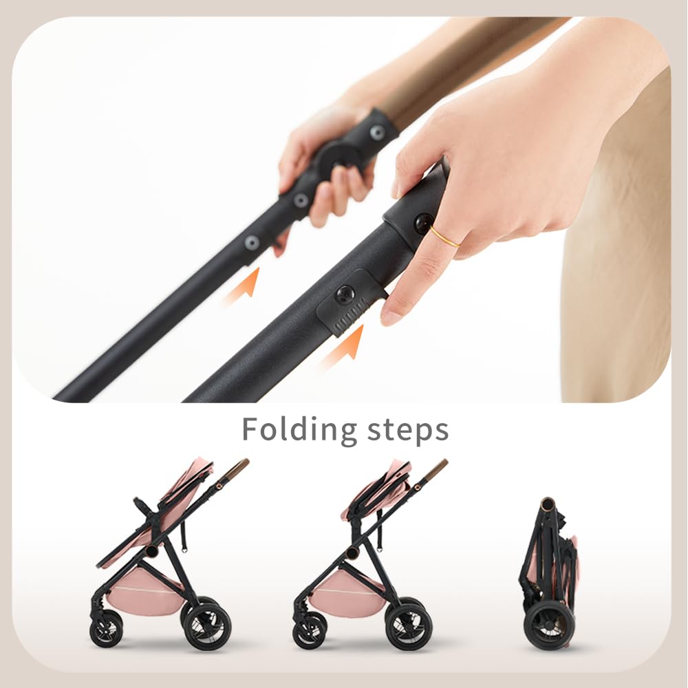 2 in 1 Baby Stroller, High Landscape Infant Stroller Pram Foldable Pushchair with Adjustable Canopy, Storage Basket,5-Point Harness,Mom Bags (Black)