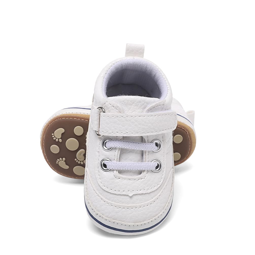 Clowora Baby Boys Girls Shoes Non-Slip Rubber Sole Sneakers Infant First Walking Toddler Crib Shoes Newborn Loafers Flats. (0611/White,0-6 Months)