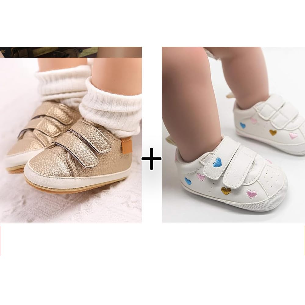 eitwo 2Pairs Baby Shoes,Boys Girls Non-Slip Rubber Sole Sneakers,Unisex Infant Soft Lightweight First Walking Crib Shoes (2Pairs_Heart+Gold,3-6 Months)