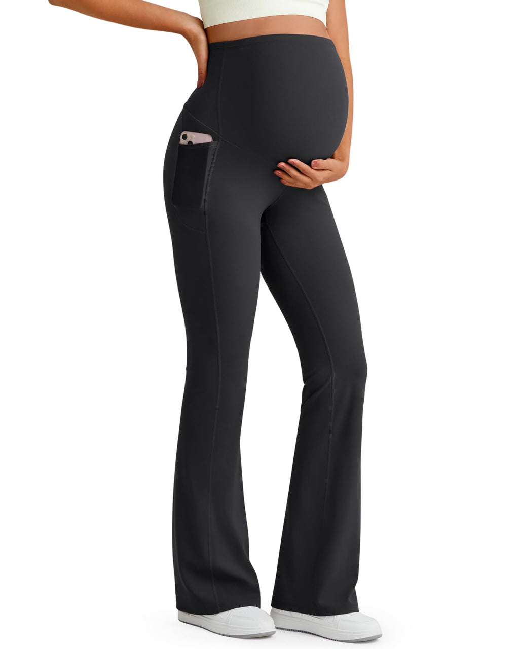 G4Free Maternity Leggings Pregnancy Clothes Flare Leg,Black,L,Extra Tall