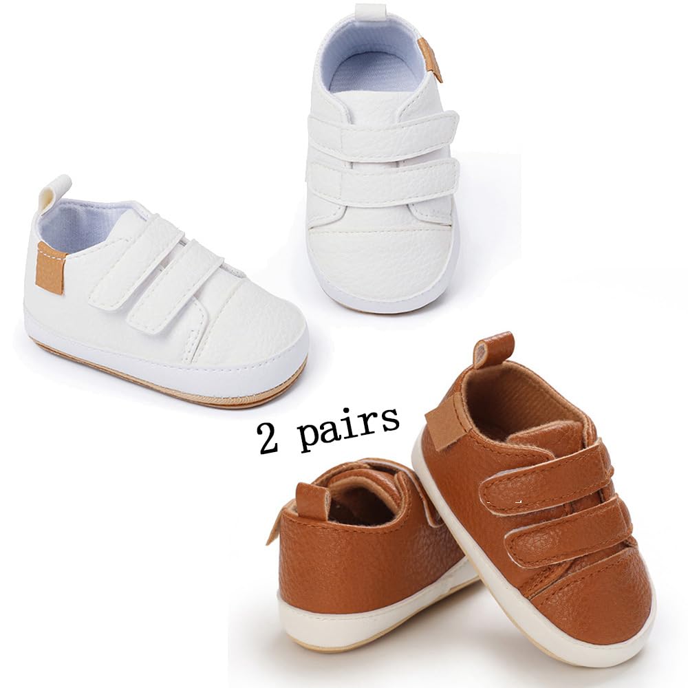 eitwo 2Pairs Baby Shoes,Boys Girls Non-Slip Rubber Sole Sneakers,Unisex Infant Soft Lightweight First Walking Crib Shoes (2Pairs_White+Brown,3-6 Months)