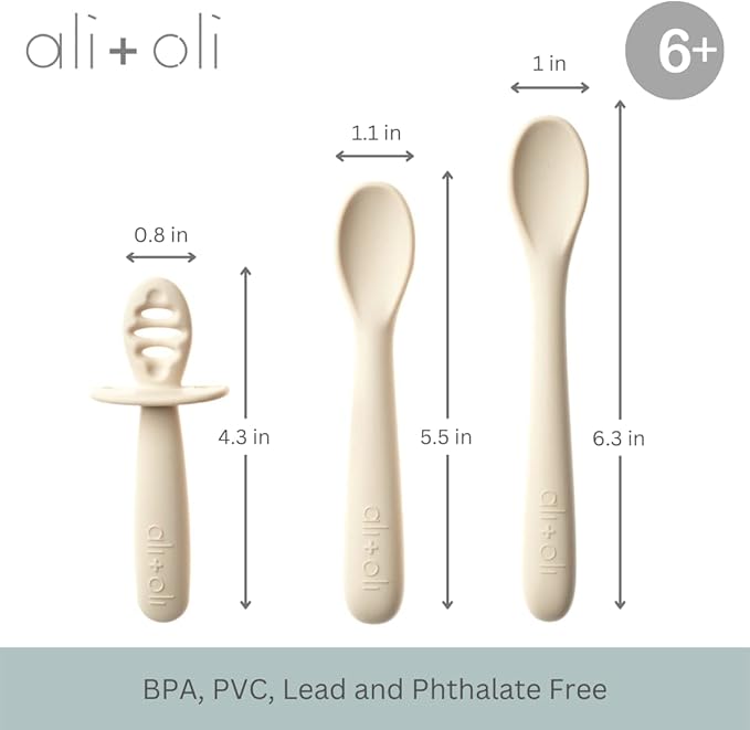 Ali+Oli 3pc Silicone Spoon Set for Baby (Coco) - Unbreakable Self-Feeding Utensils, 6 Months & Up, Multi-Stage Feeding Spoon With Ergonomic Design