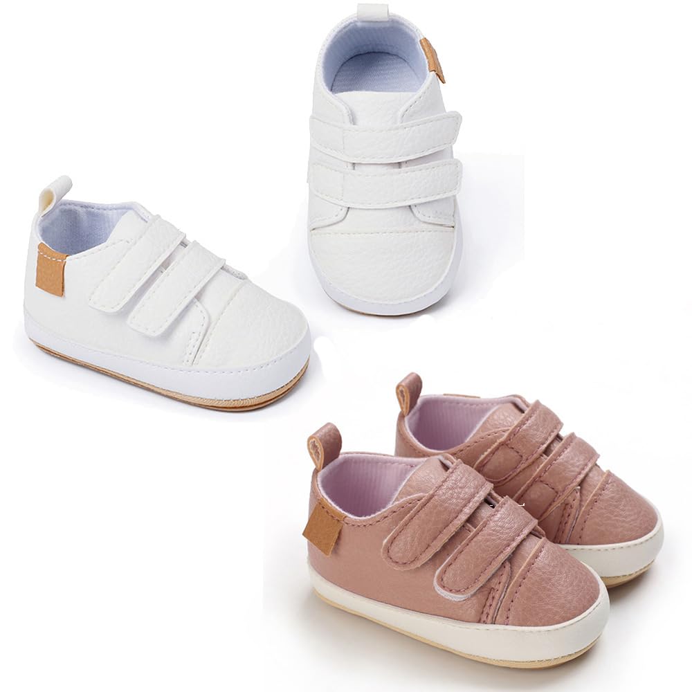 eitwo 2Pairs Baby Shoes,Boys Girls Non-Slip Rubber Sole Sneakers,Unisex Infant Soft Lightweight First Walking Crib Shoes (2Pairs_White+Pink,3-6 Months)