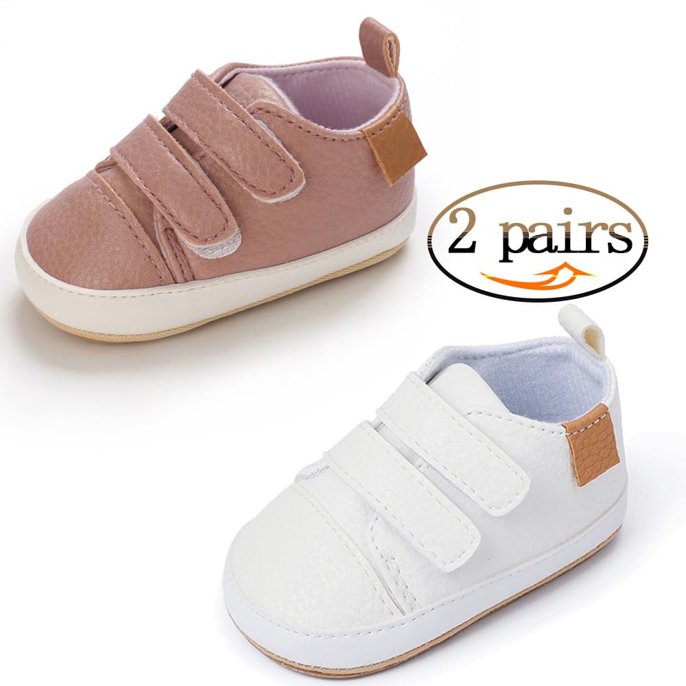 eitwo 2Pairs Baby Shoes,Boys Girls Non-Slip Rubber Sole Sneakers,Unisex Infant Soft Lightweight First Walking Crib Shoes (2Pairs_White+Pink,3-6 Months)