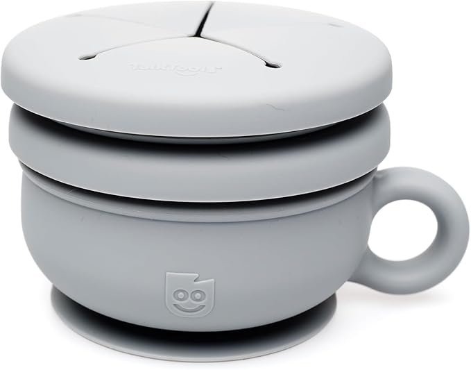TalkTools Itsy Bowl with Locking Lid - Platinum grade silicone with Volume Lines, Curved Walls for Easy Scooping - for Babies, Toddlers, Children, and Elderly - Snack Cup Lid Accessory (Cloud)