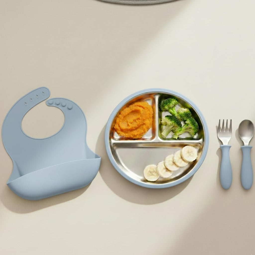 TOTS GROUND Stainless Steel Toddler Feeding Set 4 Pieces – Suction Plate, Silicone Bib, Spoon & Fork – Divided Plates for Baby Led Weaning, BPA-Free, Removable Shell (Baby Blue)