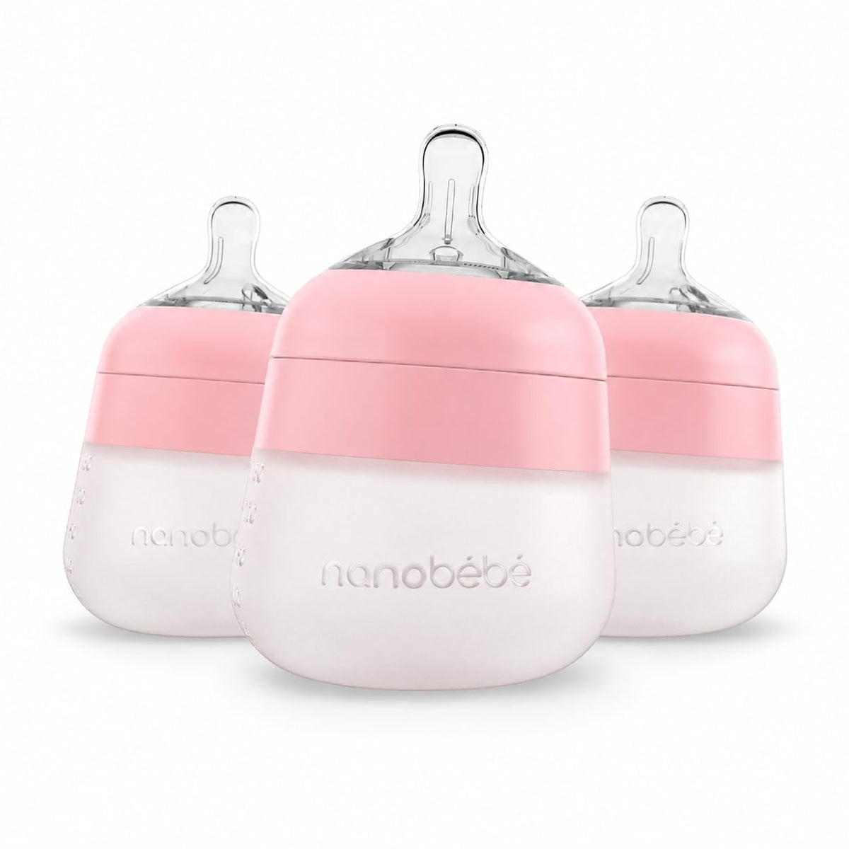 Nanobebe Flexy Silicone Baby Bottle, Anti-Colic, Natural Feel, Non-Collapsing Nipple, Non-Tip Stable Base, Easy to Clean 3-Pack, Pink, 5 oz