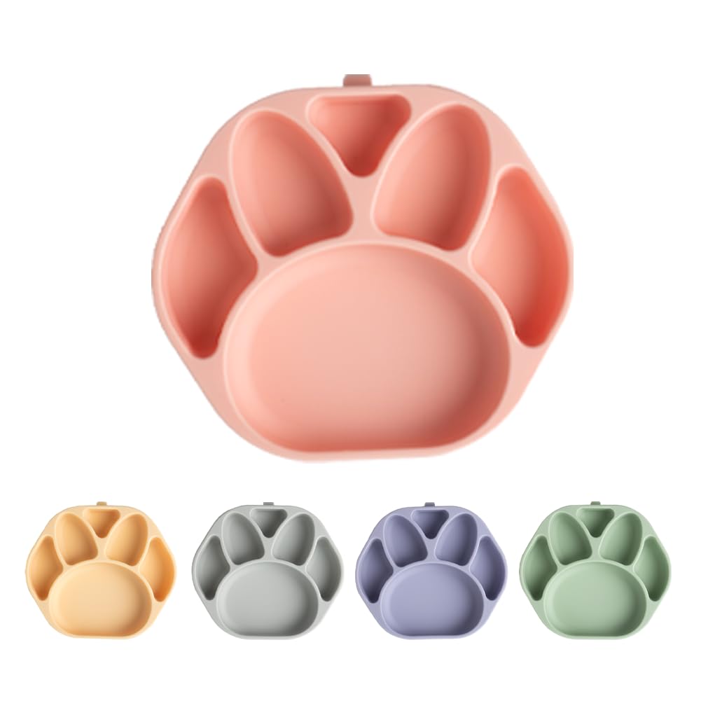 SILUNITY Baby Plates with Suction - Self-Feeding Tools for Baby - Made in Korea - Suction Plates Feeding Essentials - Ideal Baby Food Plates - Perfect Design for Toddlers (Bear Claw) (Gray)