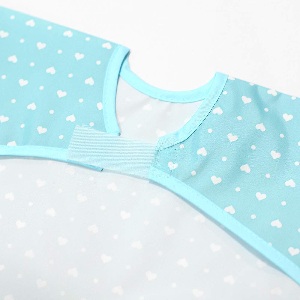 Plie Long Sleeve Waterproof Bib for Toddlers – Soft Feeding Smock for Baby Mealtime, Self-Feeding, Painting & Messy Play, BPA-Free, Easy Clean (6–24 Months) – Blue/Heart Dot