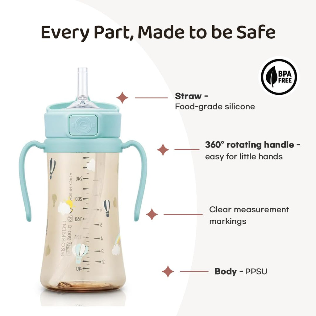GROSMIMI PPSU Baby Straw Cup Stage 2, 12M+ Spill-Proof, 10oz (Peach Flower)