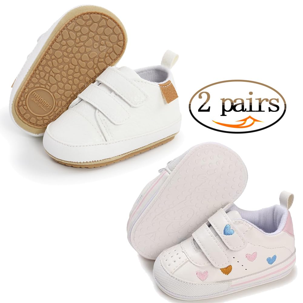 eitwo 2Pairs Baby Shoes,Boys Girls Non-Slip Rubber Sole Sneakers,Unisex Infant Soft Lightweight First Walking Crib Shoes (2Pairs_Heart+White,3-6 Months)