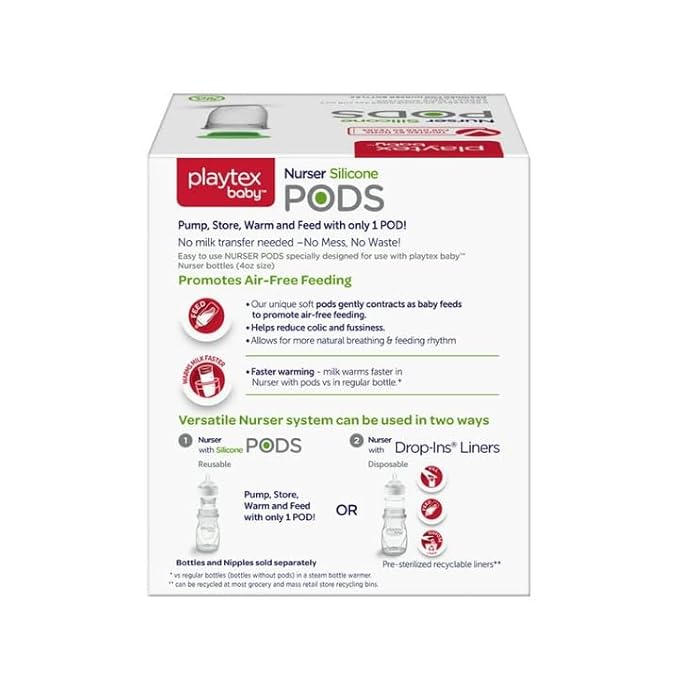 Playtex Baby Nurser Reusable Silicone PODS, 4 Oz (6 Count), Anti-Colic, Gas Reduction, Connects to Breast Pump, Freezer Friendly, Feeding Essentials for Newborn and Breastfeeding Babies