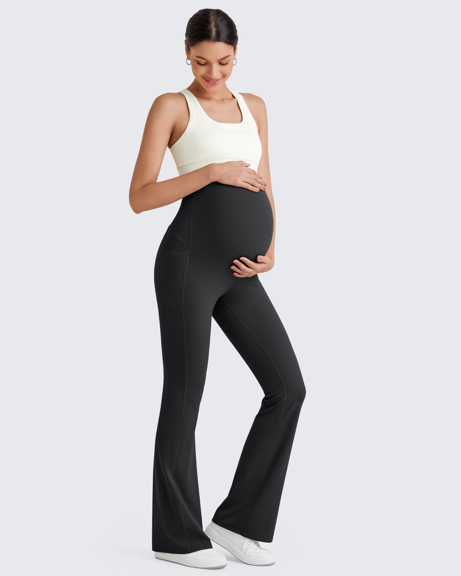 G4Free Maternity Work Pants Pregnancy Flare Leggings Yoga,Black,L,Regular