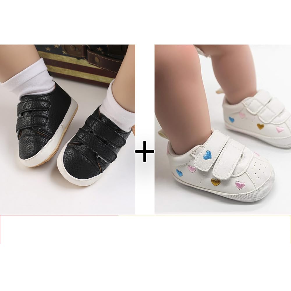 eitwo 2Pairs Baby Shoes,Boys Girls Non-Slip Rubber Sole Sneakers,Unisex Infant Soft Lightweight First Walking Crib Shoes (2Pairs_Heart+Black,3-6 Months)