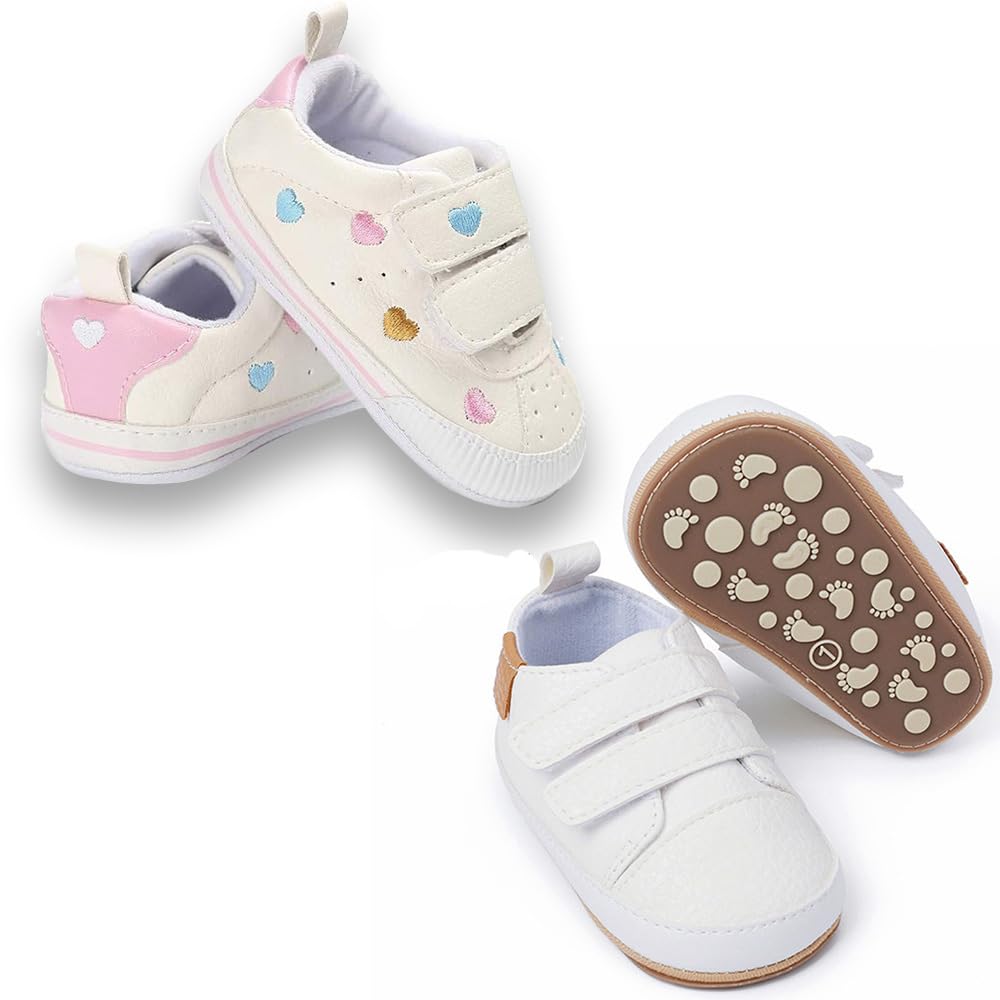 eitwo 2Pairs Baby Shoes,Boys Girls Non-Slip Rubber Sole Sneakers,Unisex Infant Soft Lightweight First Walking Crib Shoes (2Pairs_Heart+White,3-6 Months)