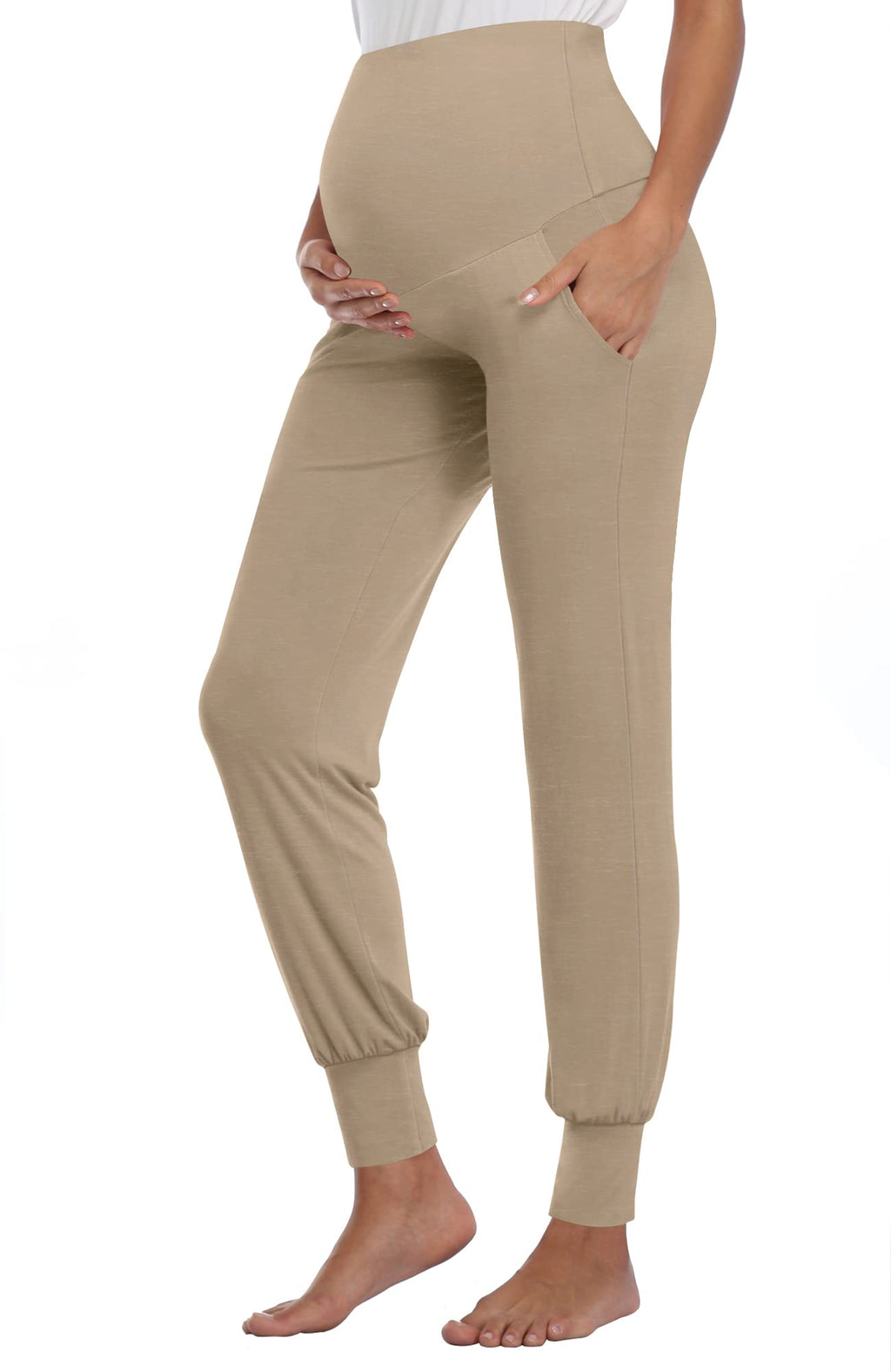 AMPOSH Women's Maternity Pants Stretchy Lounge Workout Sweatpants Casual Loose Comfy Pregnancy Joggers with Pockets(Khaki, S)