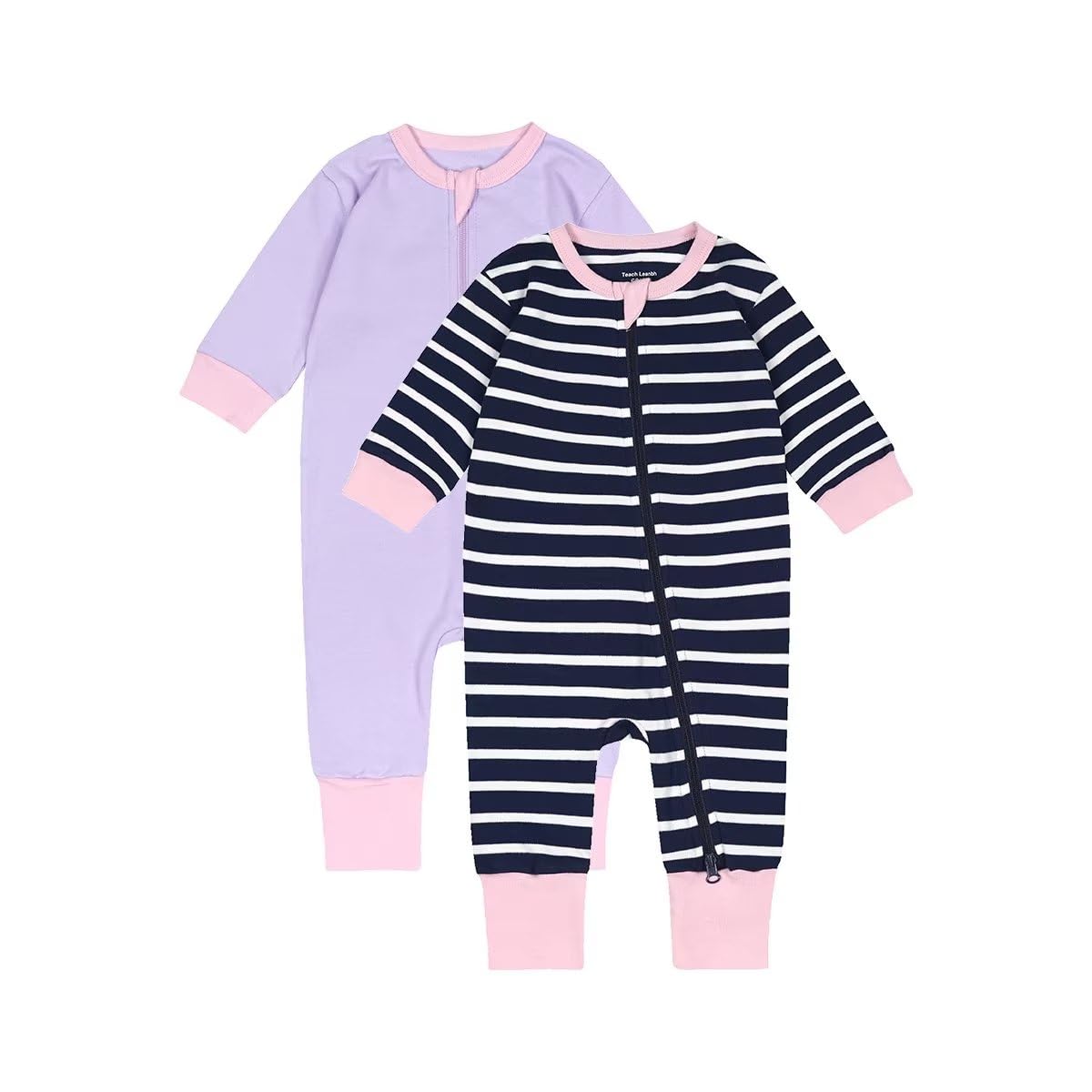 Teach Leanbh Toddler Baby Boys Girls 2-Pack Pajamas Cotton 2 Way Zipper Long Sleeve Footless Romper Sleep and Play (Purple+Navy, 12-18 Months)