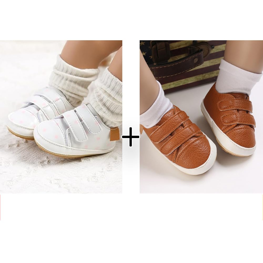eitwo 2Pairs Baby Shoes,Boys Girls Non-Slip Rubber Sole Sneakers,Unisex Infant Soft First Walking Shoes(2Pairs_Brown+WhiteHeart,6-12 Months)