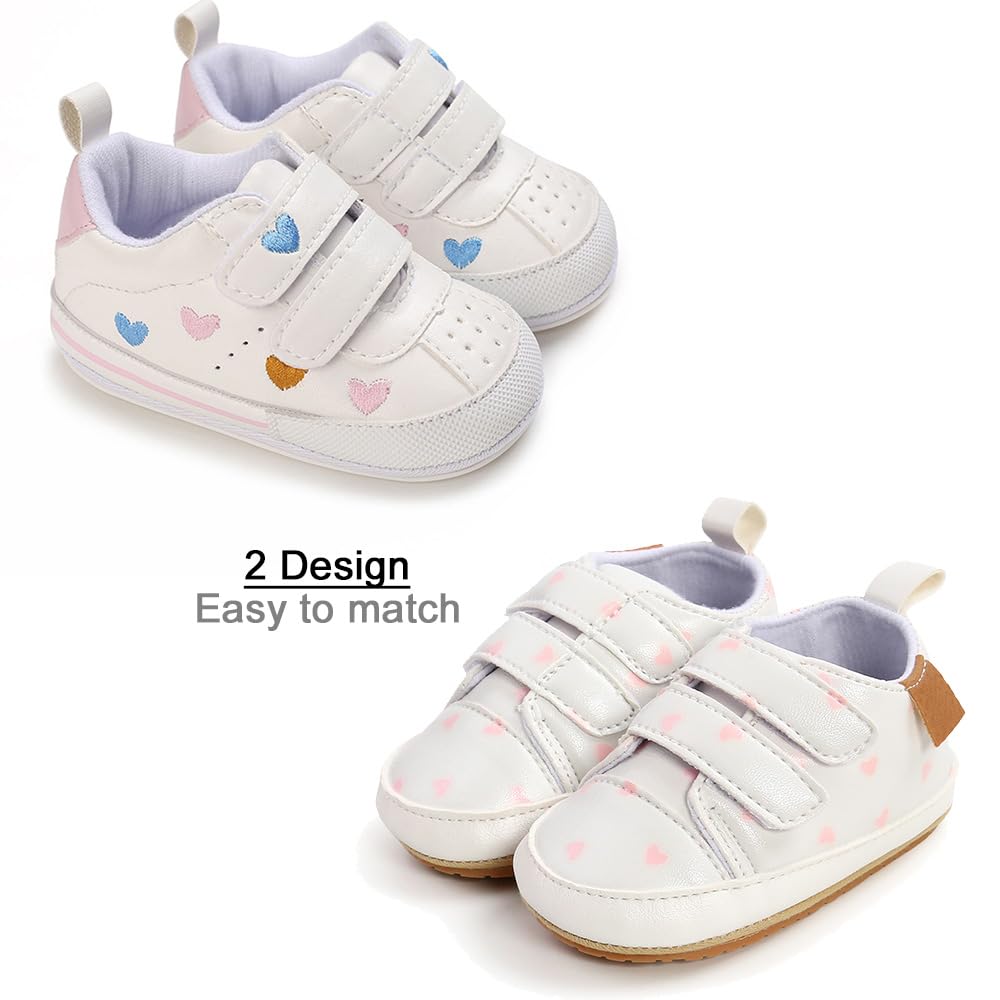 Clowora Baby Boys Girls Shoes Non-Slip Rubber Sole Sneakers Infant First Walking Toddler Crib Shoes Newborn Loafers Flats. (11/2 Pairs_Multi Color+White Heart,0-6 Months)