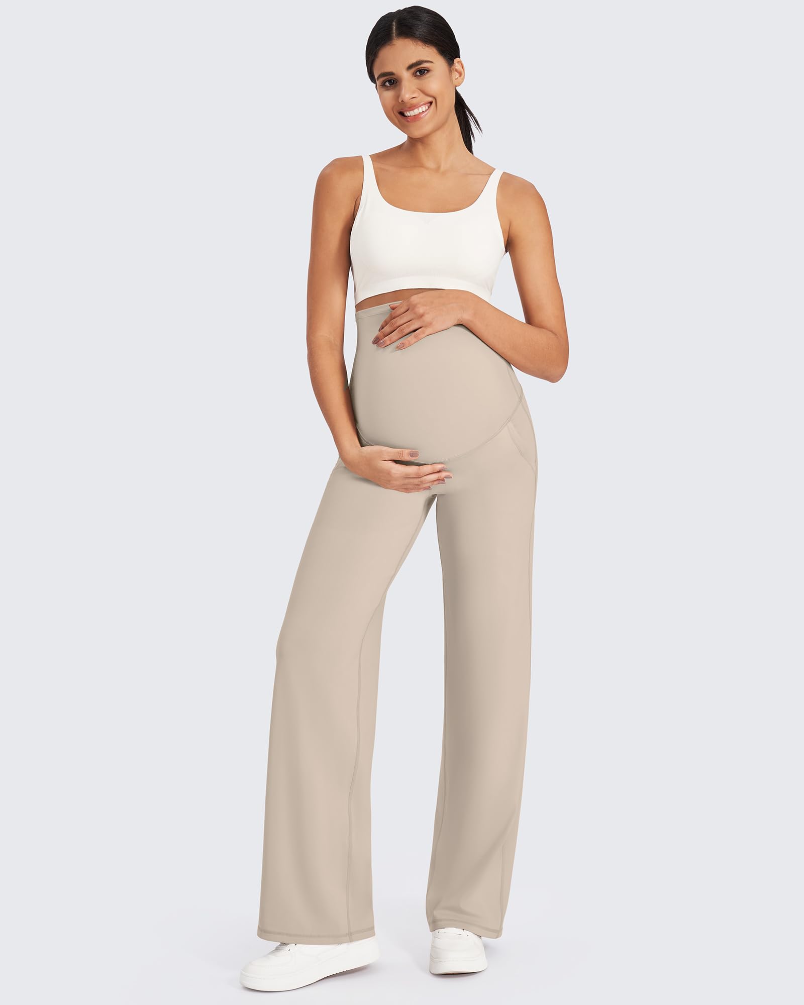 G4Free Maternity Dress Pants Over the Belly for Yoga,Light Khaki,XS,Tall