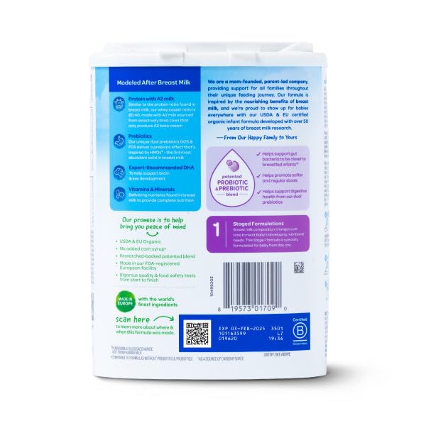 Happy Baby Organics Stage 1 A2 Infant Formula, 0 12 Months, Milk Based Organic Baby Formula Powder with A2 Milk, Probiotics & Prebiotics for Immune & Digestive Support, 22.9 Ounce (Pack of 2)
