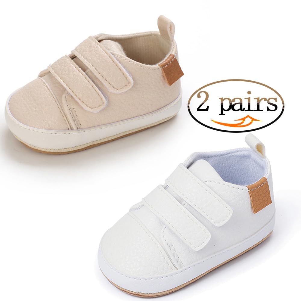 eitwo 2Pairs Baby Shoes,Boys Girls Non-Slip Rubber Sole Sneakers,Unisex Infant Soft Lightweight First Walking Crib Shoes (2Pairs_White+Beige,3-6 Months)