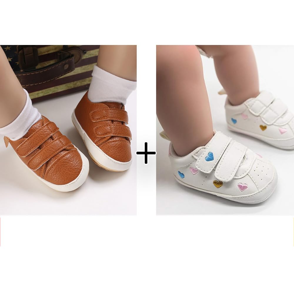 eitwo 2Pairs Baby Shoes,Boys Girls Non-Slip Rubber Sole Sneakers,Unisex Infant Soft Lightweight First Walking Crib Shoes (2Pairs_Heart+Brown,12-18 Months)