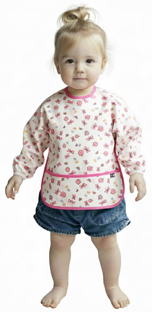 Plie Long Sleeve Waterproof Bib for Toddlers – Soft Feeding Smock for Baby Mealtime, Self-Feeding, Painting & Messy Play, BPA-Free, Easy Clean (6–24 Months) - Pink/Butterfly