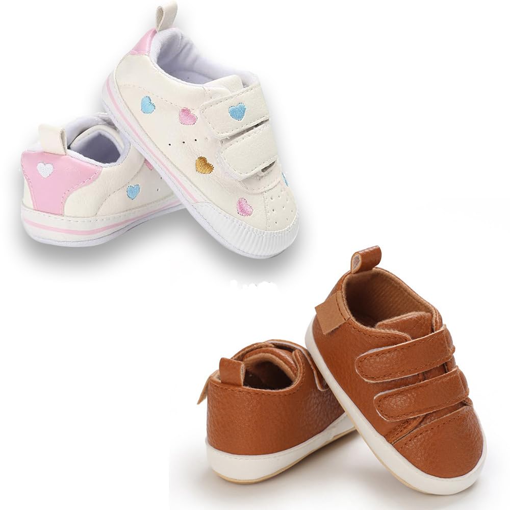 eitwo 2Pairs Baby Shoes,Boys Girls Non-Slip Rubber Sole Sneakers,Unisex Infant Soft Lightweight First Walking Crib Shoes (2Pairs_Heart+Brown,12-18 Months)