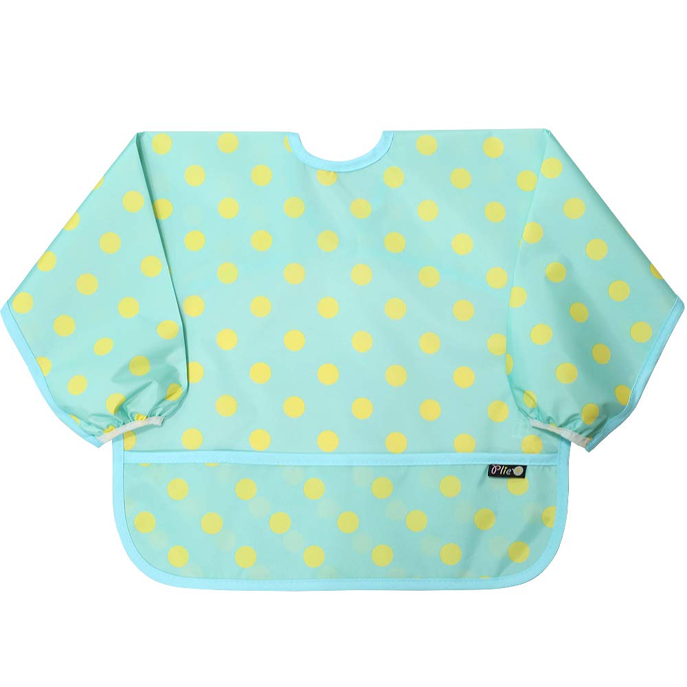 Plie Long Sleeve Waterproof Bib for Toddlers – Soft Feeding Smock for Baby Mealtime, Self-Feeding, Painting & Messy Play, BPA-Free, Easy Clean (6–24 Months) - Mint/Dot