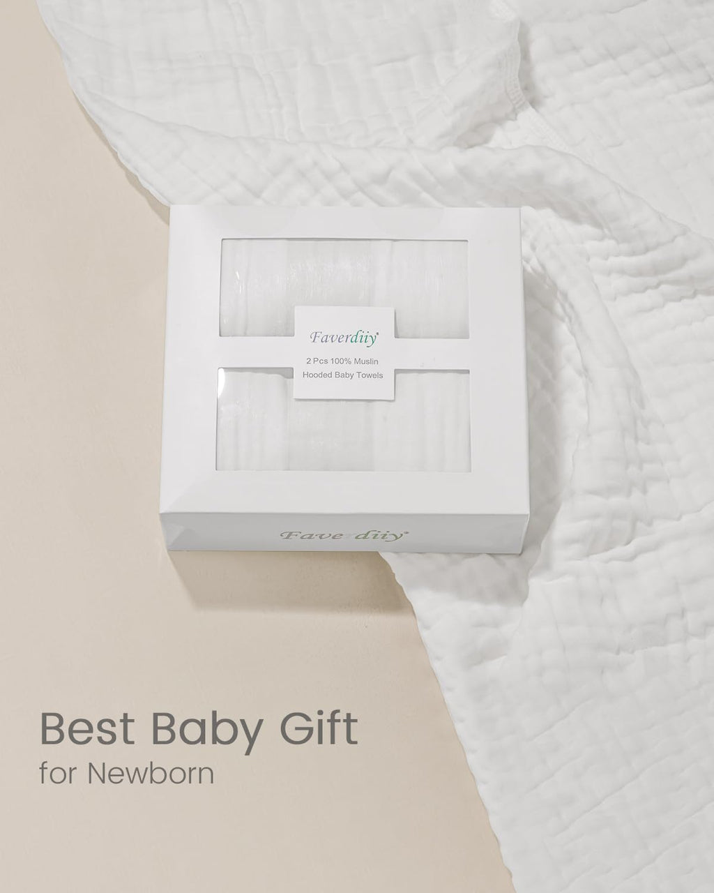 FAVERDIIY Newborn Hooded Baby Towels, 35x35 Inch 2 Pack 100% Muslin Cotton Baby Bath Towel, Soft Baby Beach Towels with Hood for Infants, Toddlers and Kids, (White + Beige)