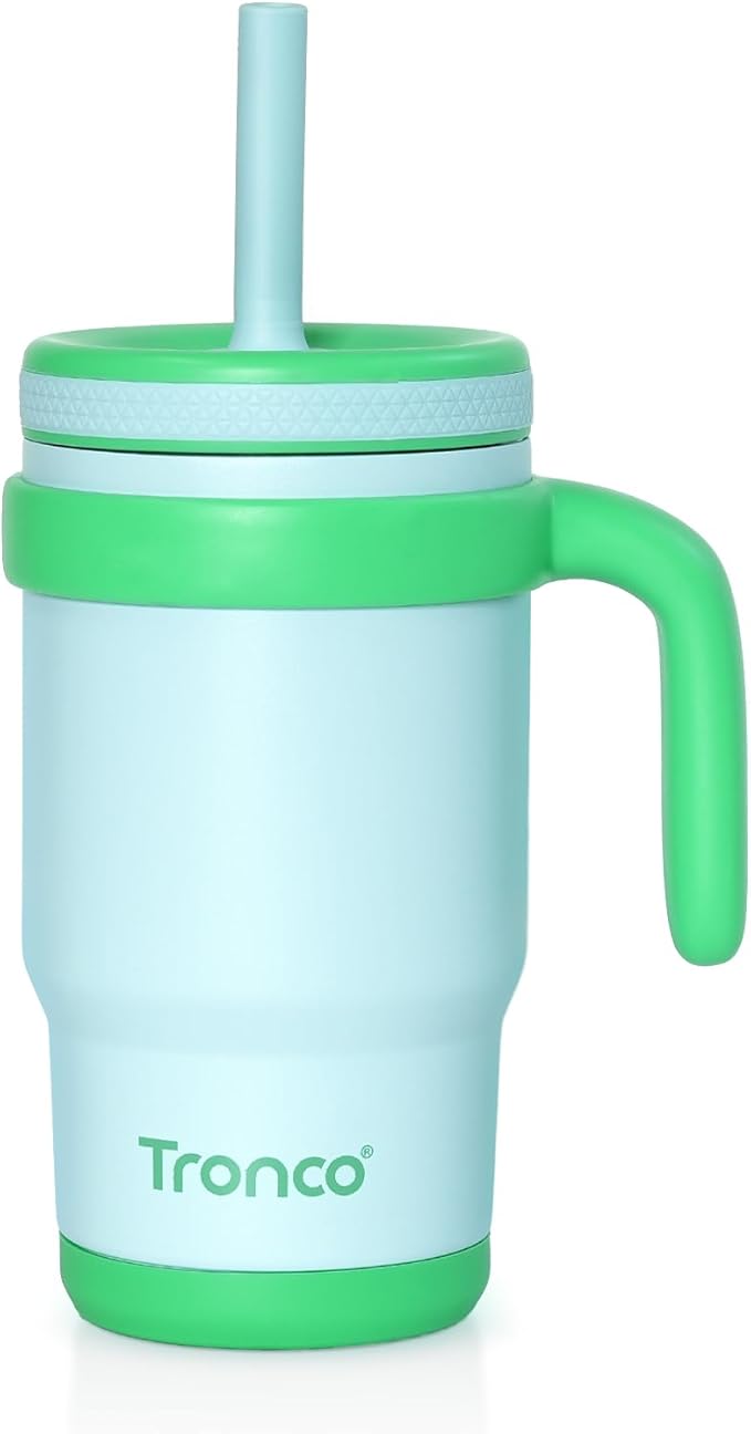 Tronco 14 oz Kids Insulated Tumbler with Handle & Spill Resistant Flexible Straw, BPA-Free Stainless Steel Toddler Cups with Lids, Splash-Proof Kid Drinking Cup Travel Mugs, Easy to Clean