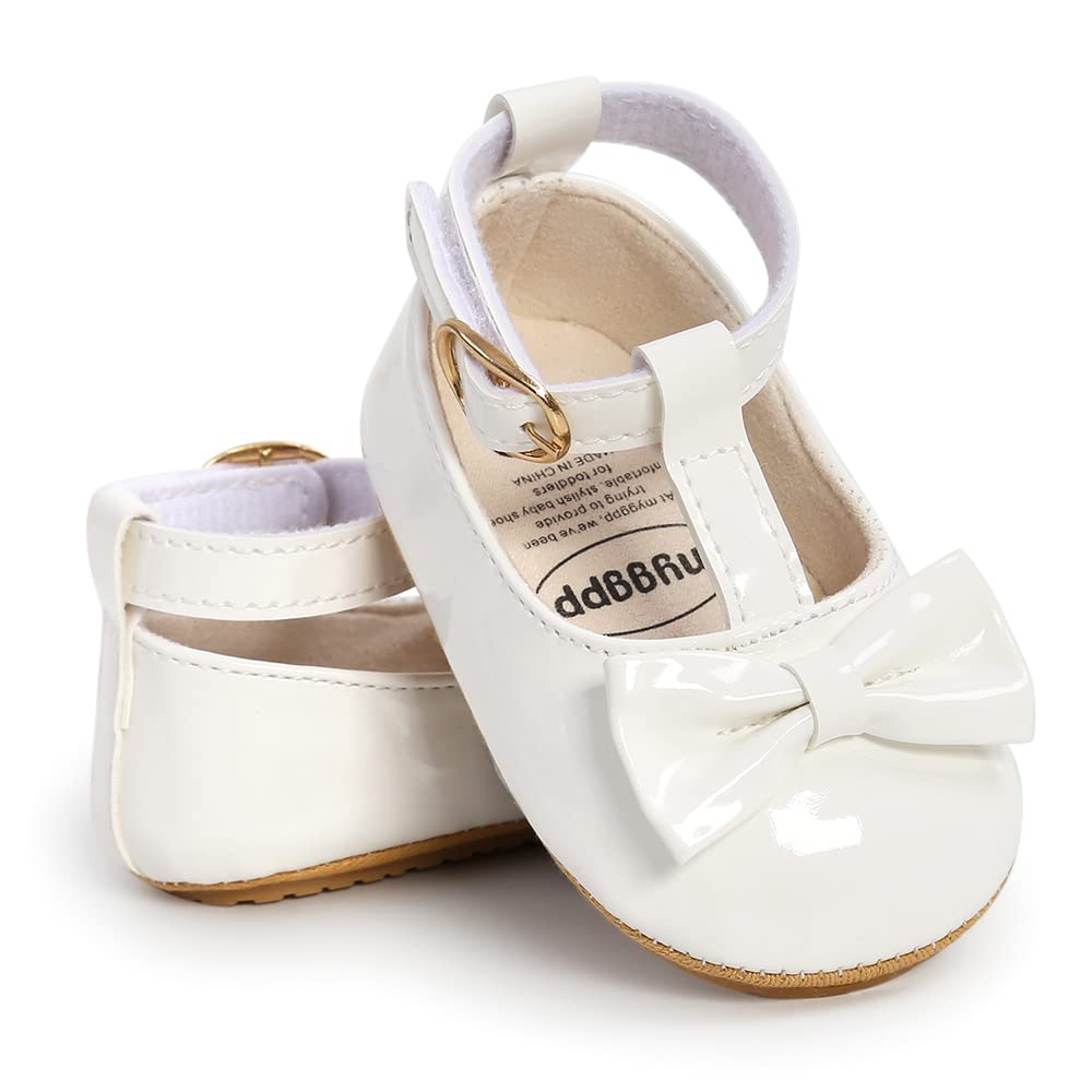 COSANKIM Baby Girls Mary Jane Flats Shoes Anti-Slip Rubber Sole Infant Toddler Princess Wedding Dress Shoes(01 White, 3-6 Months Infant)