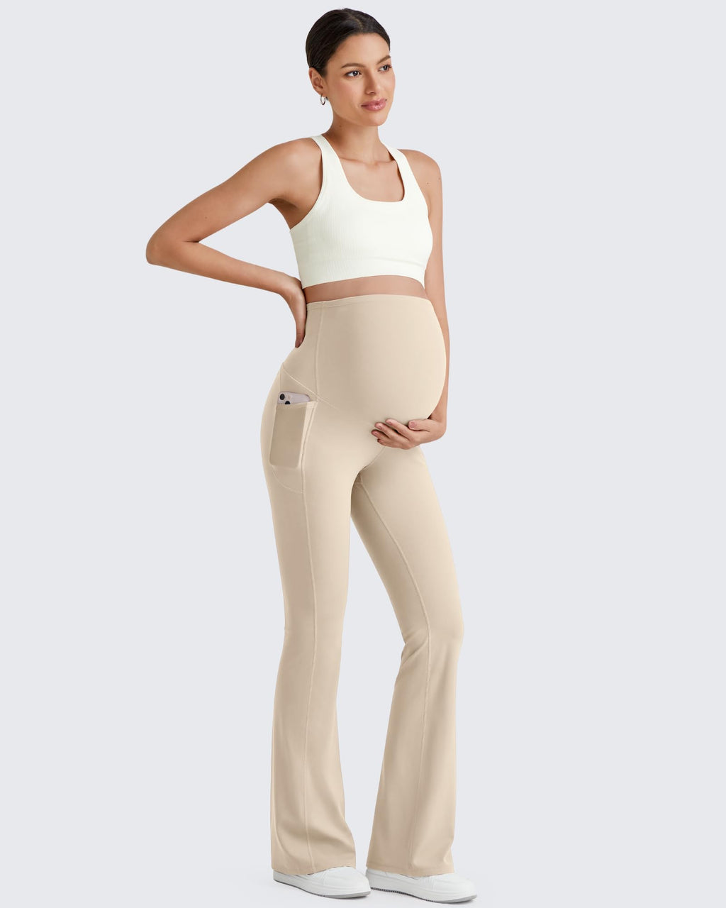 G4Free Maternity Flare Leggings Pregnancy Clothes,Light Khaki,S,Regular
