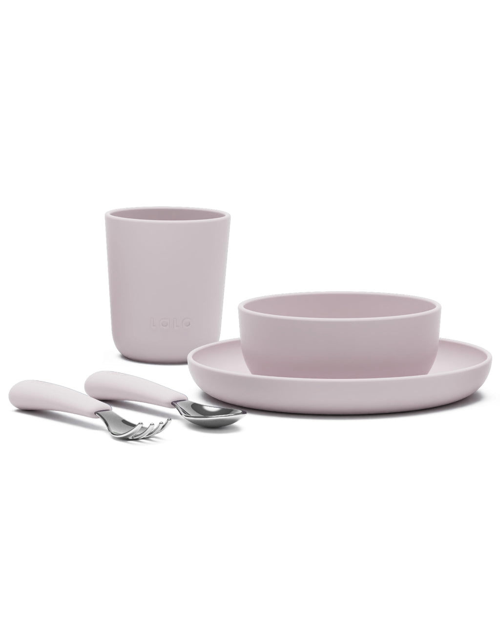 Lalo Big Bites Kids Dinnerware Starter Set - Dishwasher Safe, BPA Free, Kids Tableware Set - Includes Stackable Bowl, Plate, Utensils & Cup - 5 Pieces - Lavender