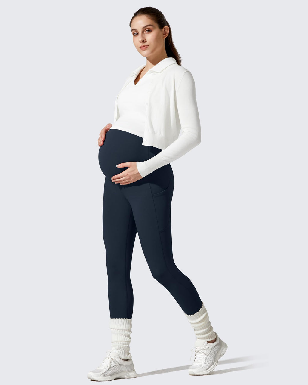 G4Free Fleece Maternity Pants with Pockets Over Bump Yoga,Dark Navy,XL,29"