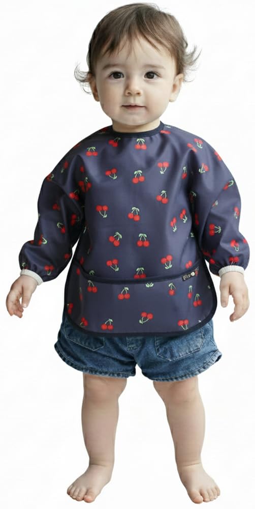 Plie Long Sleeve Waterproof Bib for Toddlers – Soft Feeding Smock for Baby Mealtime, Self-Feeding, Painting & Messy Play, BPA-Free, Easy Clean (6–24 Months) - Navy Cherry