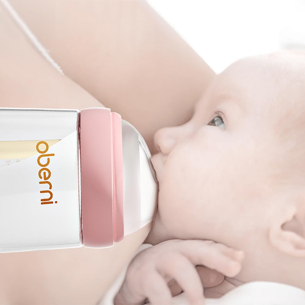 Oberni Baby Bottles with Slow Off-Centered Nipple for 0+ Months, Anti Colic Newborn Milk Feeding Bottle, 150ml/5oz/Pink/3Pack