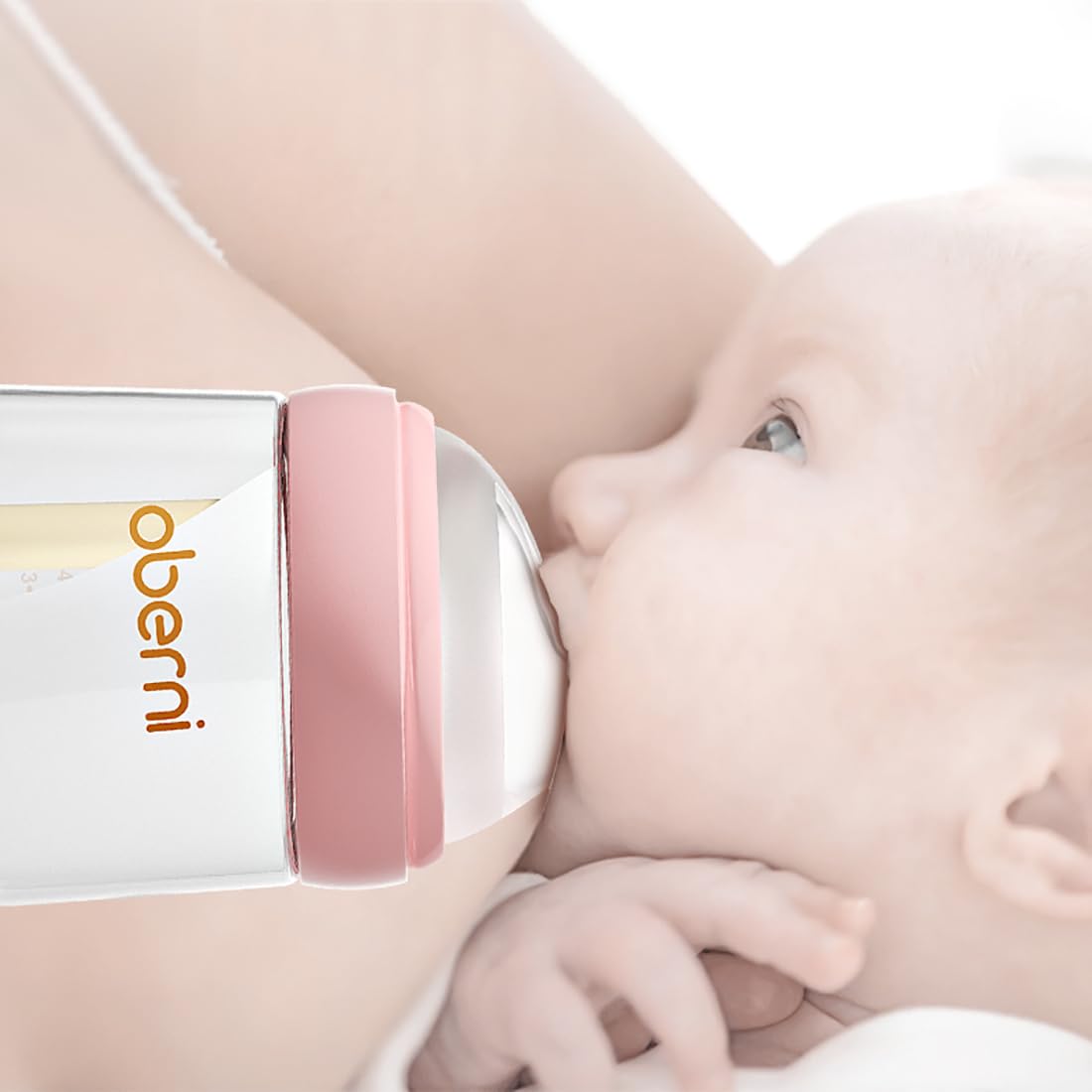 Oberni Baby Bottles with Slow Off-Centered Nipple for 0+ Months, Anti Colic Newborn Milk Feeding Bottle, 150ml/5oz/Pink/3Pack