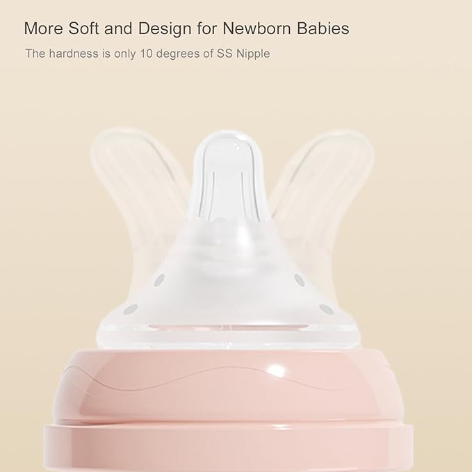 Gulicola Small Glass Baby Bottle for Newborn Breastfeeding Babies, Preemie & Extra Slow Flow Nipples (SS), Anti-Colic, Breast-Like, 0 Months+, 3 oz, 2 Pack - Pink