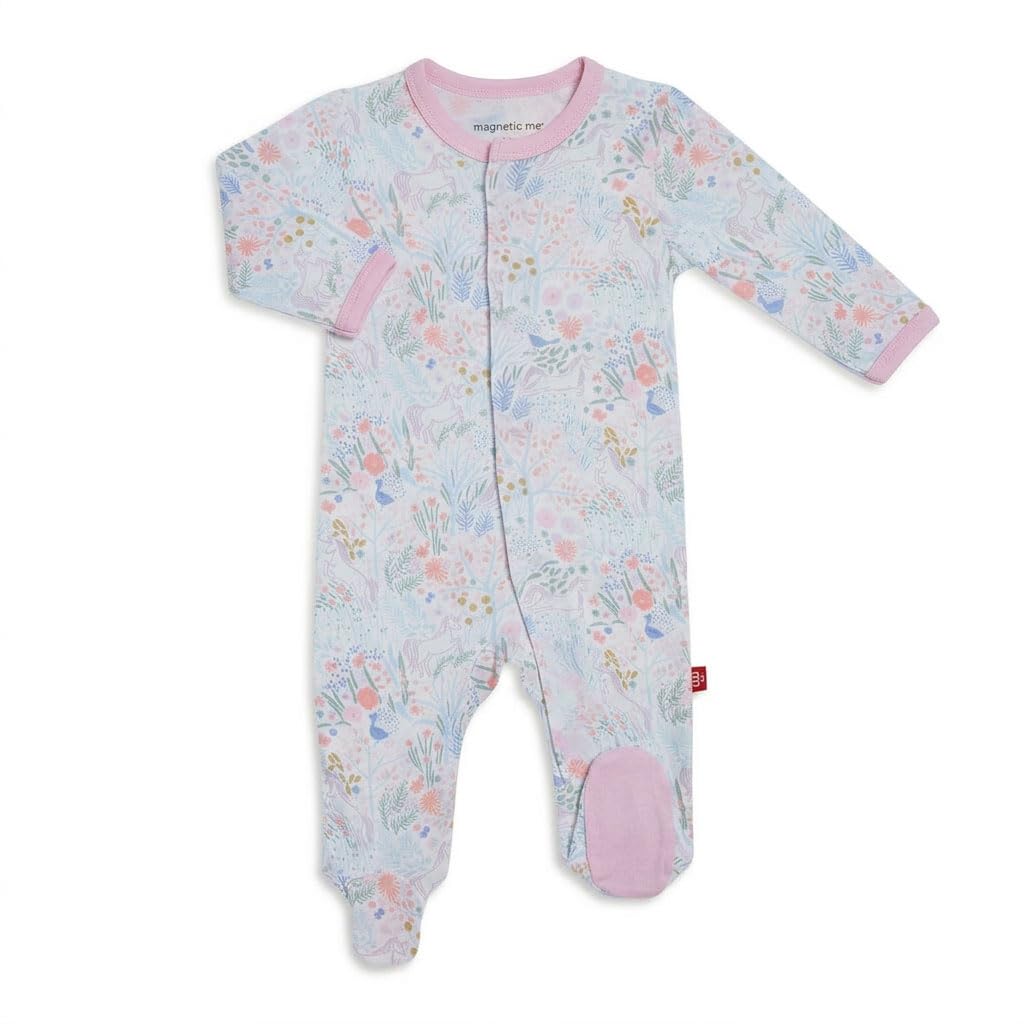 Magnetic Me Girls Modal Magnetic Baby Footie Pajamas | Silky Soft Modal Fabric | Pink Ribbon Waffle | 12-18 Months