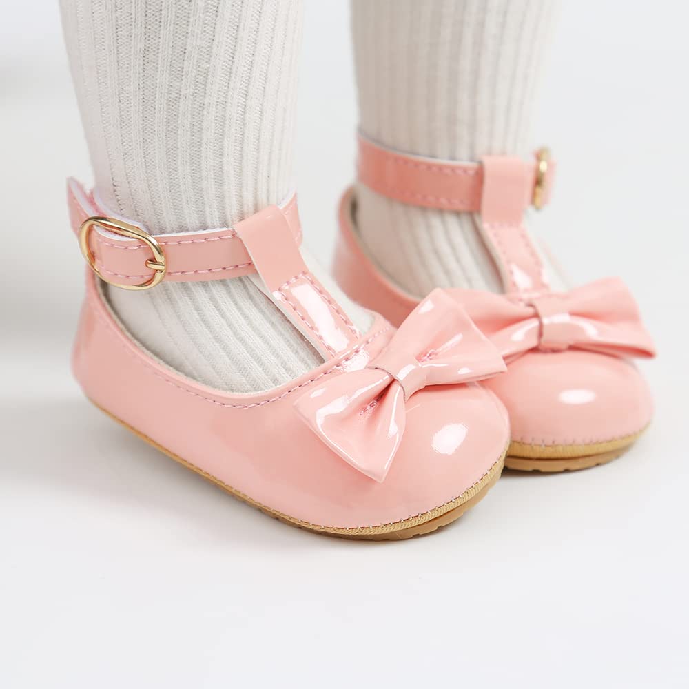 COSANKIM Baby Girls Mary Jane Flats Shoes Anti-Slip Rubber Sole Infant Toddler Princess Wedding Dress Shoes(01 Pink, 3-6 Months Infant)