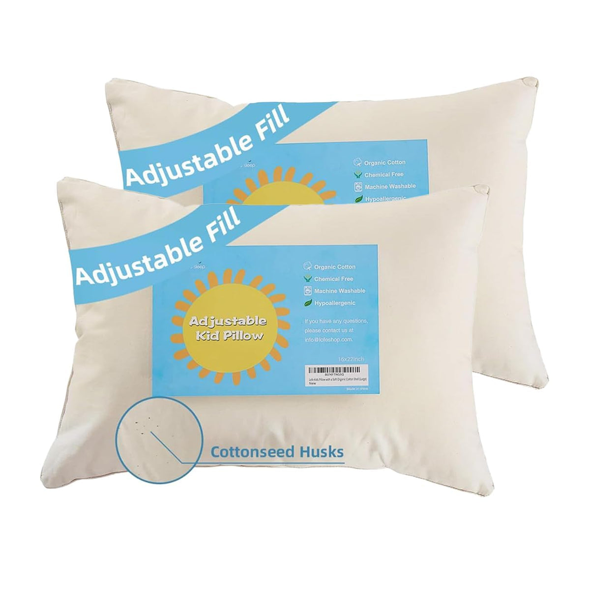 LOFE Adjustable Kids Pillow for Ages 4-12 with Organic Cotton Pillowcase