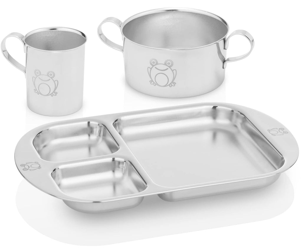 Children's Premium Stainless Steel Dinnerware Set |1 Bowl with Handles, 1 Cup with Handle & 1 Divided Plate | Fun Fire Truck Design | | Ideal for Babies,Toddlers & Kids | by Kiddobloom