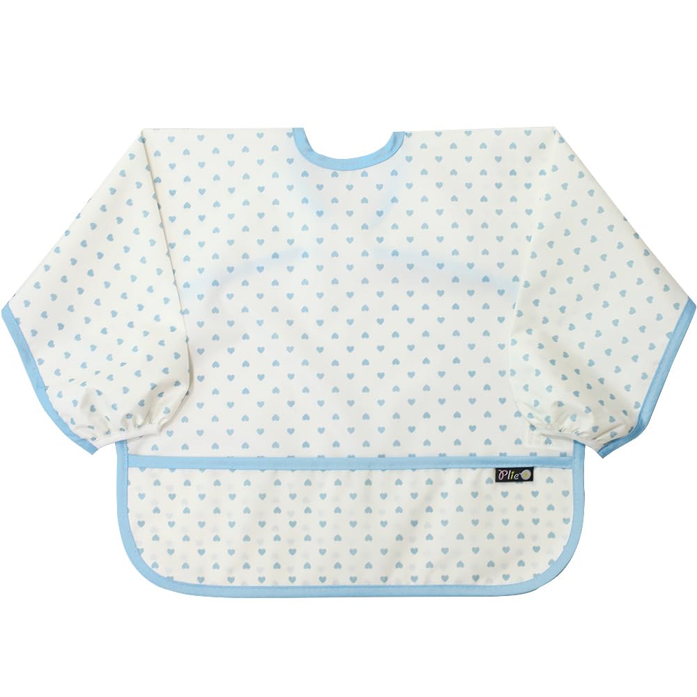 Plie Long Sleeve Waterproof Bib for Toddlers – Soft Feeding Smock for Baby Mealtime, Self-Feeding, Painting & Messy Play, BPA-Free, Easy Clean (6–24 Months) - Blue Heart