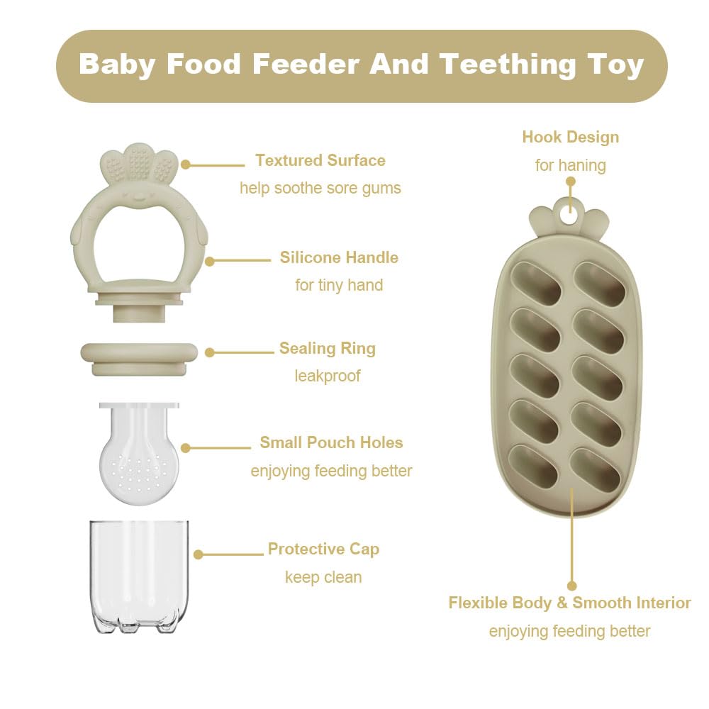 Baby Food Fruit Feeder with Freezer Tray Breastmilk Popsicle Molds Silicone Fruit Feeder for Self Feeding Teething Relief Toys (Yellow)
