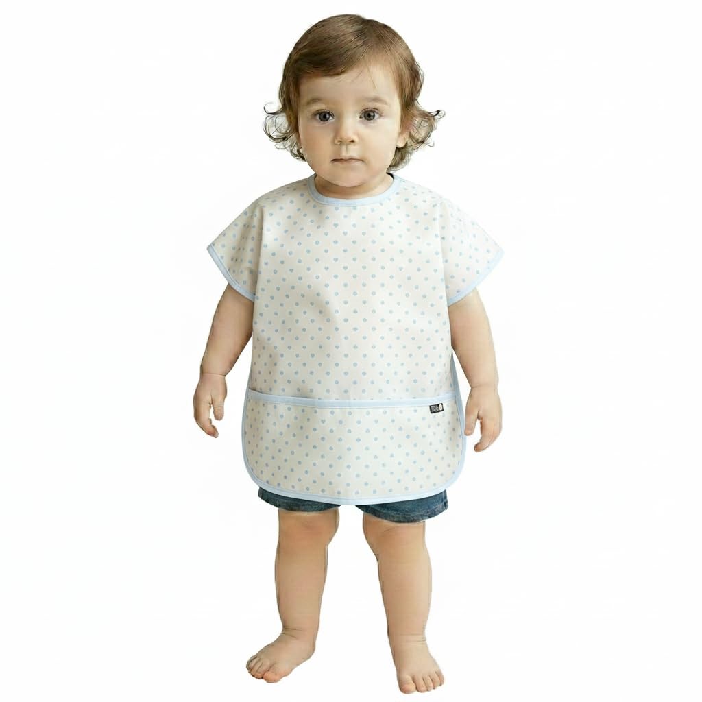 Plie Short Sleeve Waterproof Bib for Toddlers – Easy Clean Feeding Apron for Mealtime, Daycare, Self-Feeding & Messy Play, Lightweight BPA-Free Baby Bib (6–24 Months) - Blue Heart
