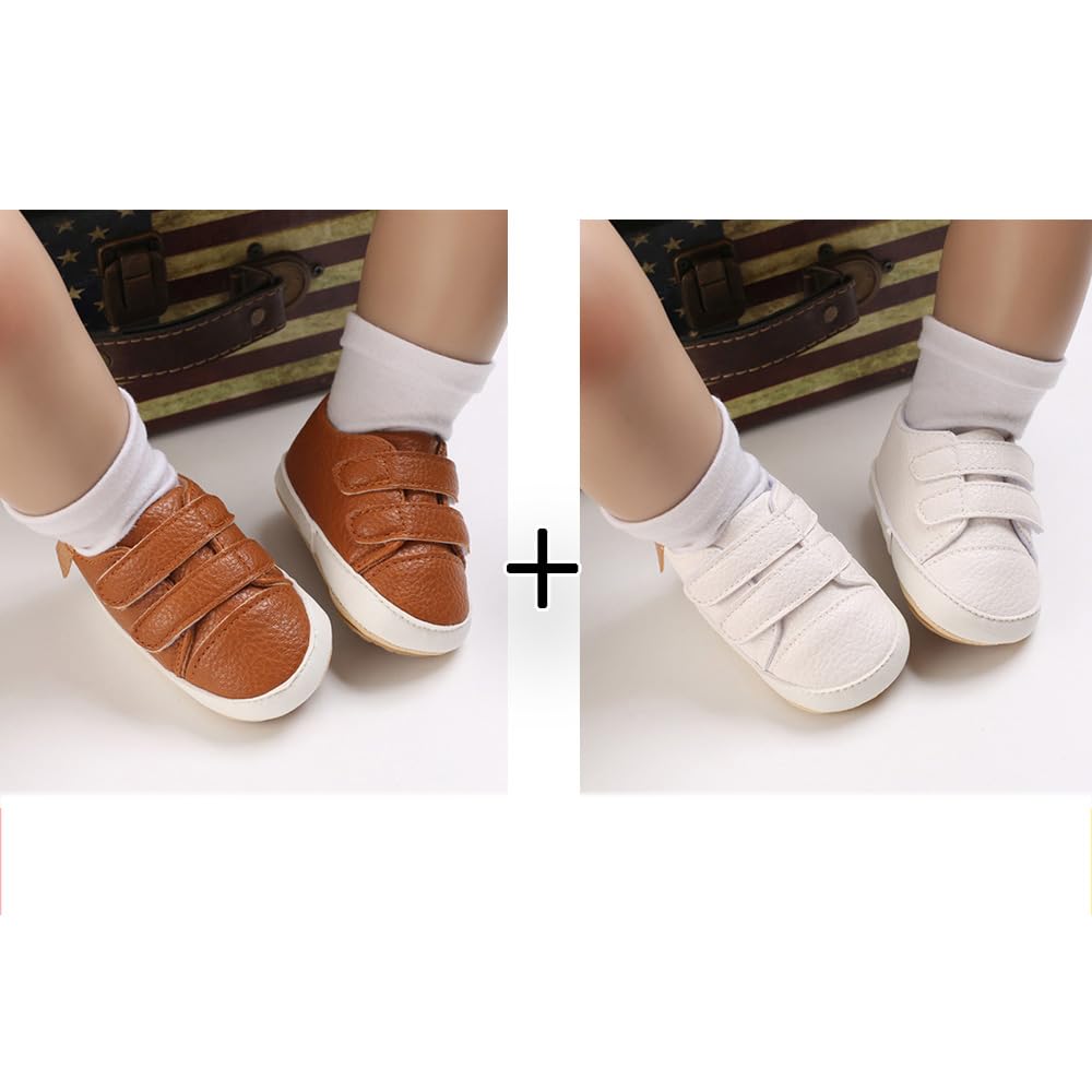 eitwo 2Pairs Baby Shoes,Boys Girls Non-Slip Rubber Sole Sneakers,Unisex Infant Soft Lightweight First Walking Crib Shoes (2Pairs_White+Brown,3-6 Months)