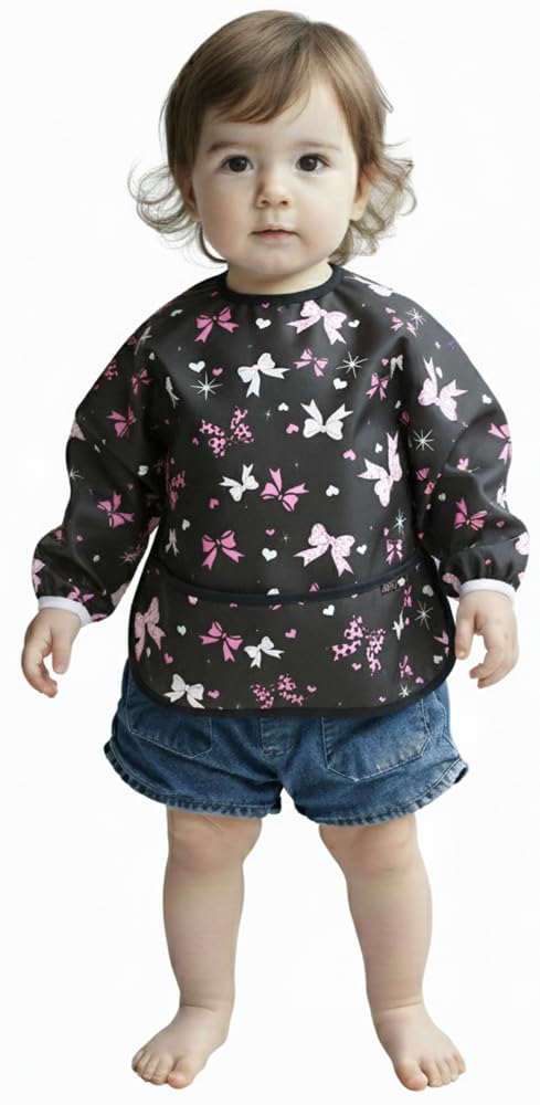 Plie Long Sleeve Waterproof Bib for Toddlers – Soft Feeding Smock for Baby Mealtime, Self-Feeding, Painting & Messy Play, BPA-Free, Easy Clean (6–24 Months) - Black/Ribbon