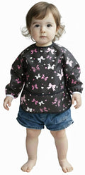 Plie Long Sleeve Waterproof Bib for Toddlers – Soft Feeding Smock for Baby Mealtime, Self-Feeding, Painting & Messy Play, BPA-Free, Easy Clean (6–24 Months) - Black/Ribbon